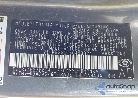 2005 Toyota Matrix Xr z USA, uszkodzony, nr VIN 2T1KR32E15C493824